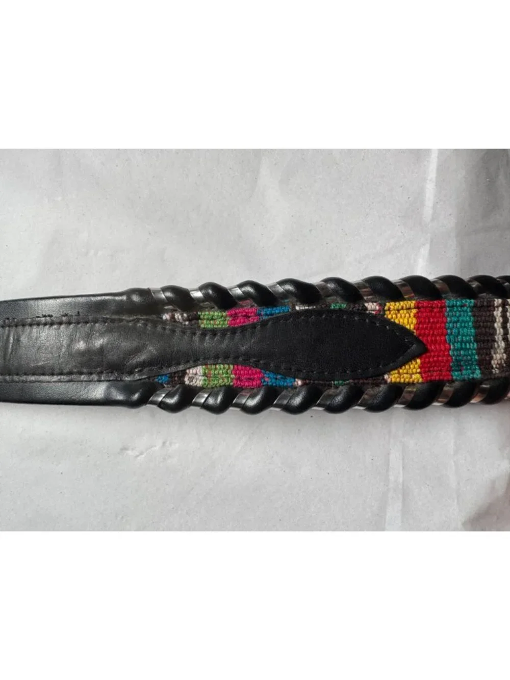 Handcrafted Leather Belt With Colorful Woven Inlay & Silver Buckle - Size 32